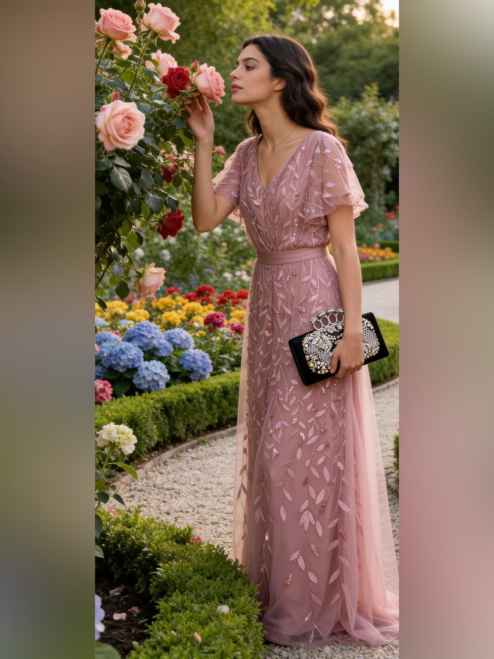 Elegant Rose Sequined Flutter-Sleeve Maxi Dress